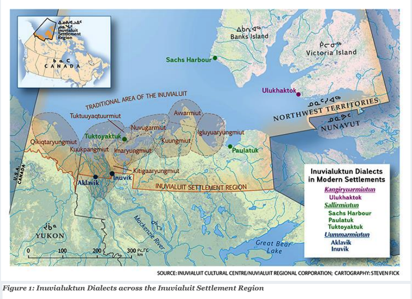 Map showing the Inuvialuit Settlement Region (ISR) across the Canadian Arctic - spanning the northern portions of Yukon, Northwest Territories, and Nunavut. The map highlights the parts of the ISR in which each of the 3 dialects of Inuvialuktun are spoken (Kangiryuarmiutun, Sallirmiutun, Uummarmiutun).
