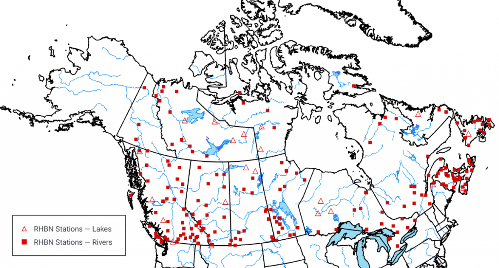 A map of Canada showing current locations where streamflow and lake levels are recorded in the Reference Hydrometric Basin Network (RHBN). There are more stations is in southern areas of the country and considerably fewer in northern Canada. In addition, there are many more streamflow locations than lake-level locations.