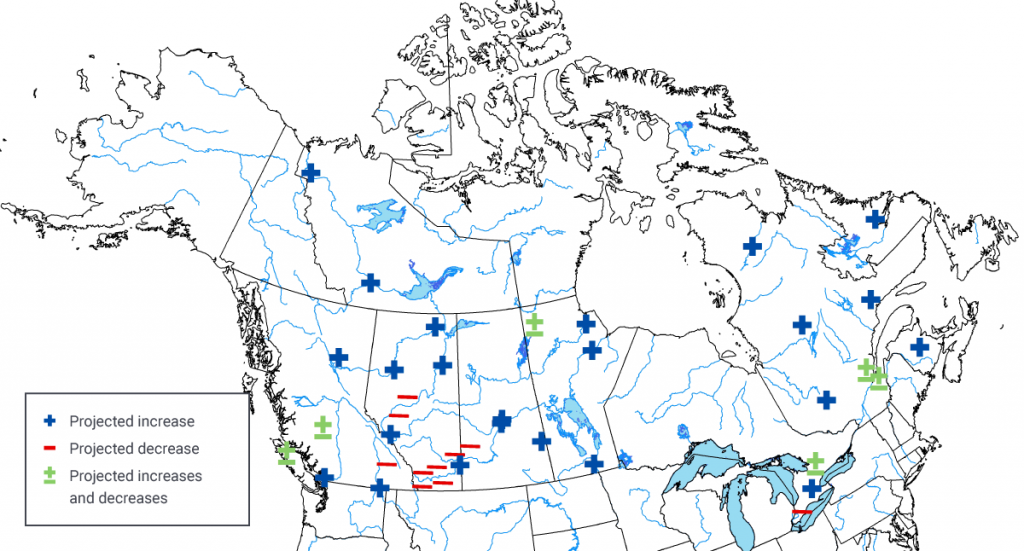 A map of Canada showing the locations of projected changes to the amount of annual streamflow in the future (mid- to late 21st century). Decreases are mainly projected in south-central Alberta and extreme southern Ontario. The remainder of the country primarily shows projected increases, although a few scattered locations show both increases and decreases.