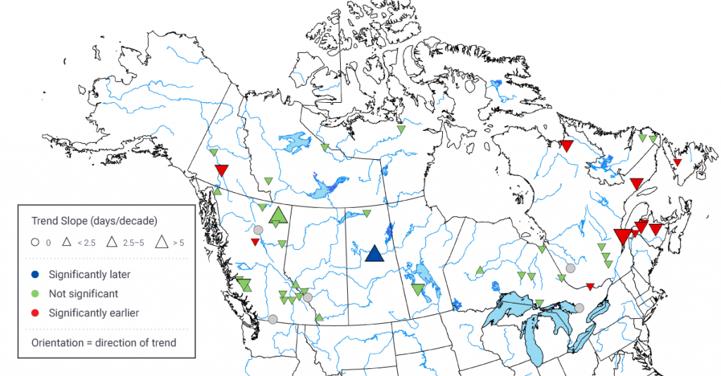 A map of Canada using proportional triangles to depict past trends in the timing of spring freshet for 49 stations on unregulated streams. The period of records for the stations ranges between 30 and 100 years. The majority of stations show earlier spring freshet trends over most of the country; these trends range between one and five days per decade. Very few stations show later trends.