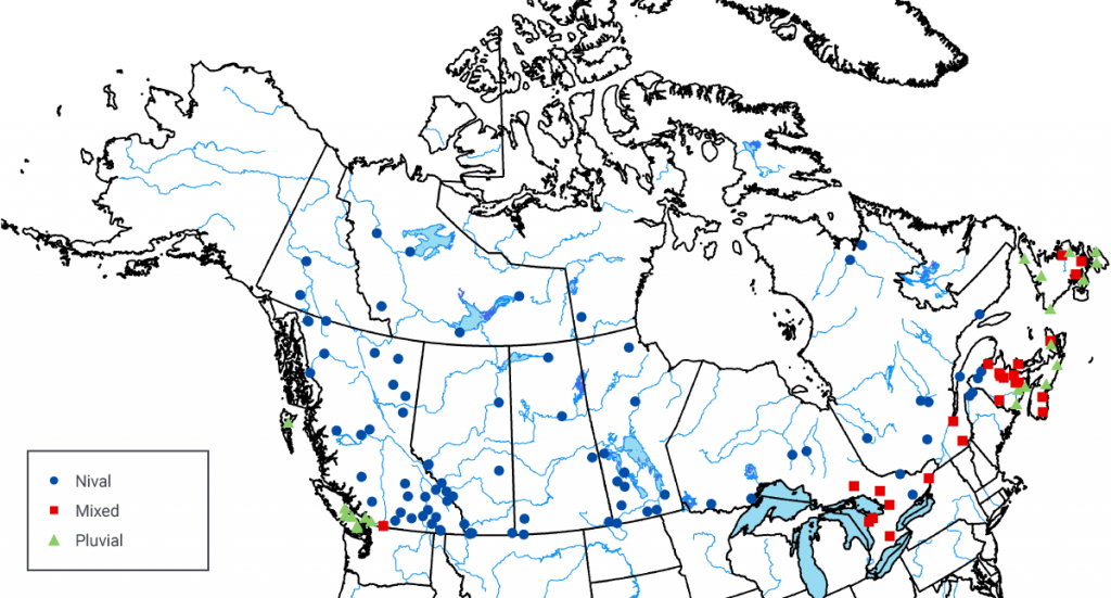 A map of Canada showing the locations of three streamflow regimes. Nival or snowmelt-dominated regimes are the most common and located in the northern Canada, British Columbia, all three Prairie provinces, and north-central Ontario and Quebec. Pluvial or rainfall-dominated regimes are confined to the west coast (Vancouver Island, Haida Gwaii, and near Vancouver) and east coast (southern New Brunswick, central Nova Scotia, and Newfoundland). Mixed regimes, or a combination of nival and pluvial regimes, are found in extreme southwestern British Columbia, southern Ontario and Quebec, most of New Brunswick, southern Nova Scotia, and central Newfoundland.