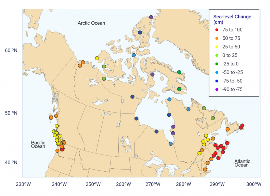 A map of Canada shows the projected relative sea-level change for nearly 70 coastal locations across Canada and in the adjacent continental United States for the high emission scenario. The values are for the median projection of the high scenario at 2100, relative to the 1986–2005 period. The largest projected sea-level rise is 75 to 93 cm in Atlantic Canada. The largest projected sea-level fall is 75 to 84 cm in Hudson Bay and the Canadian Arctic Archipelago, including the northernmost point of Alert. Intermediate values of sea-level rise of 25 to 75 cm are shown for points in British Columbia, Quebec, and the Beaufort coastline. For comparison, the projected median global sea-level change by 2100 for the high emission scenario is 74 cm.