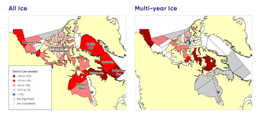 Two maps show trends in (1) sea ice area and (2) MYI area for regions of the Canadian Arctic, 1968–2016. Negative (declining) trends in sea ice area are strongest for the Labrador Sea, Hudson Strait, Davis Strait, Baffin Bay, and the western Beaufort Sea. Negative trends in MYI are strongest for the eastern Canadian Arctic Archipelago and western Beaufort Sea.