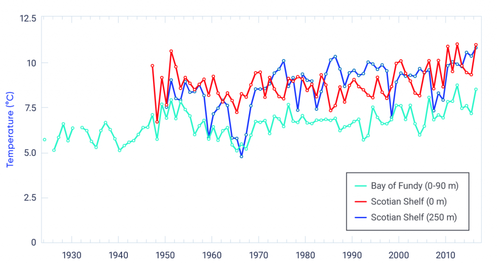 Two time series of ocean temperature in the Scotian Shelf and one for the Bay of Fundy collected by DFO monitoring programs. Long-term increases are observed from in situ sea surface temperature for the Scotian Shelf and in temperature at a depth of 250 m for the Emerald Basin region of the Scotian Shelf. The increasing sea surface temperature trend for 1947–2016 is 0.15°C per decade (significant at 1% level), while that for the Emerald Basin is 0.36°C per decade (significant at 1% level). Ocean temperature averaged over 0–90 m depth from the Prince 5 station in the Bay of Fundy over the period 1924 to 2016 shows a positive trend of 0.16°C per decade (significant at 1% level), indicating a similar long-term warming trend.