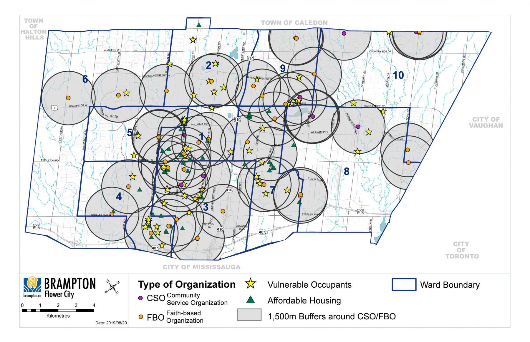 A map showing the location of the substantial facilities owned by Faith Based Organizations in Brampton, Ontario. These facilities are located close to known vulnerable populations, making them very useful during extreme weather events.