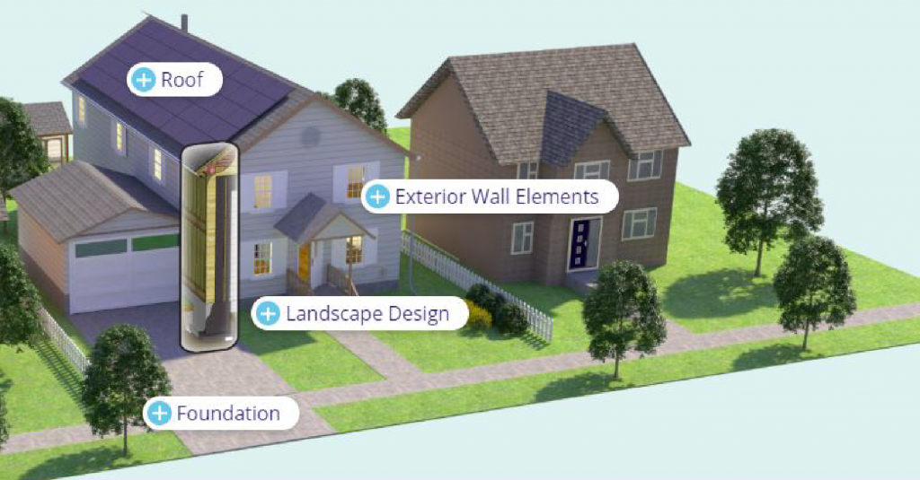 The second screenshot shows a 3D illustration of the exterior of the suburban home.