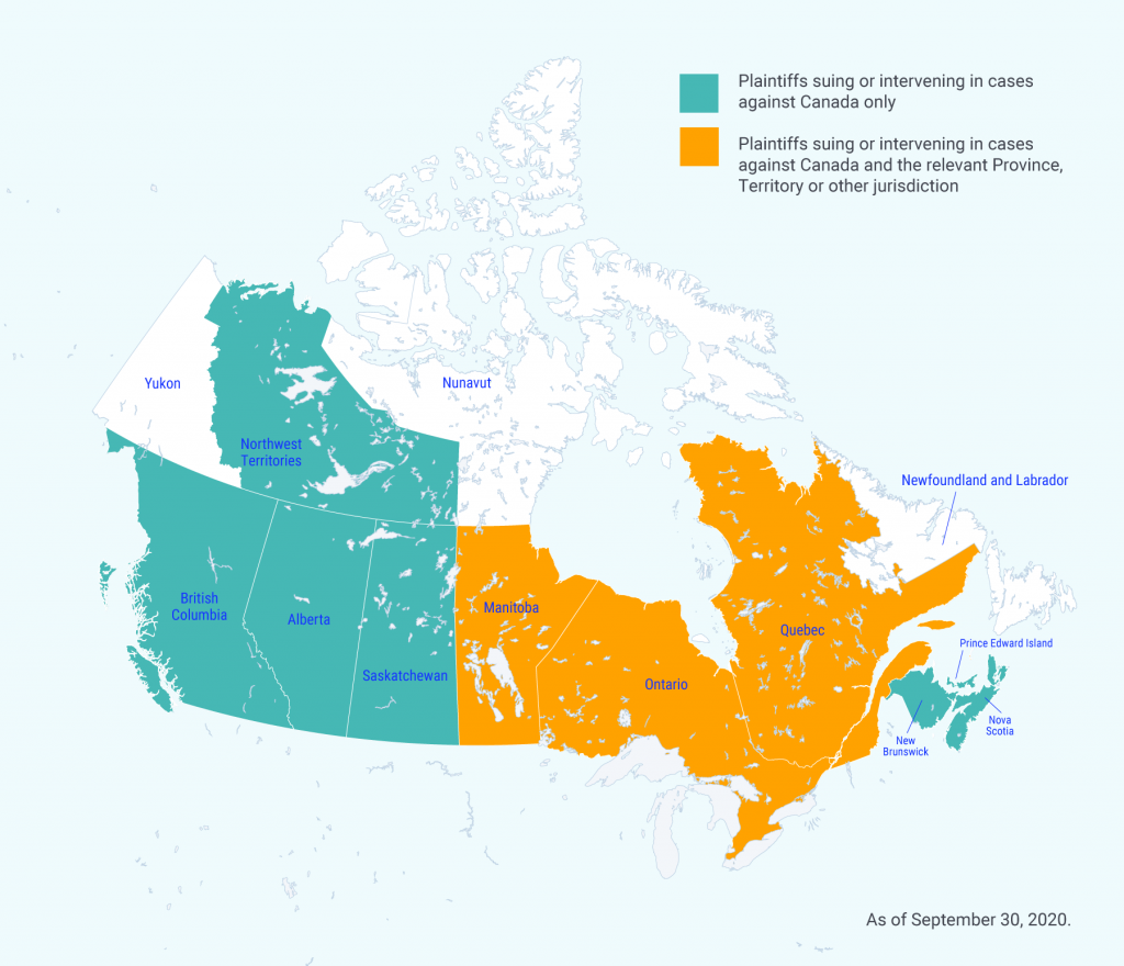 A map of Canada showing provincial and territorial jurisdictions with ongoing climate litigation plaintiffs. There are plaintiffs suing or intervening in a case against Canada in the Northwest Territories, British Columbia, Alberta, Saskatchewan, New Brunswick, and Nova Scotia. There are plaintiffs suing or intervening in a case against Canada and the relevant Province, Territory, or other jurisdiction in Manitoba, Ontario, and Quebec.