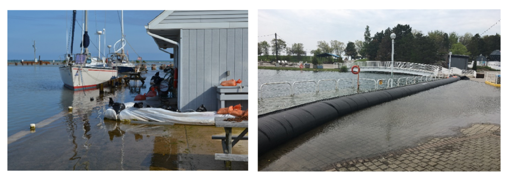 La photo de gauche montre un quai inondé et des sacs de sable protégeant un édifice. La photo de droite montre une passerelle en dalles inondée.