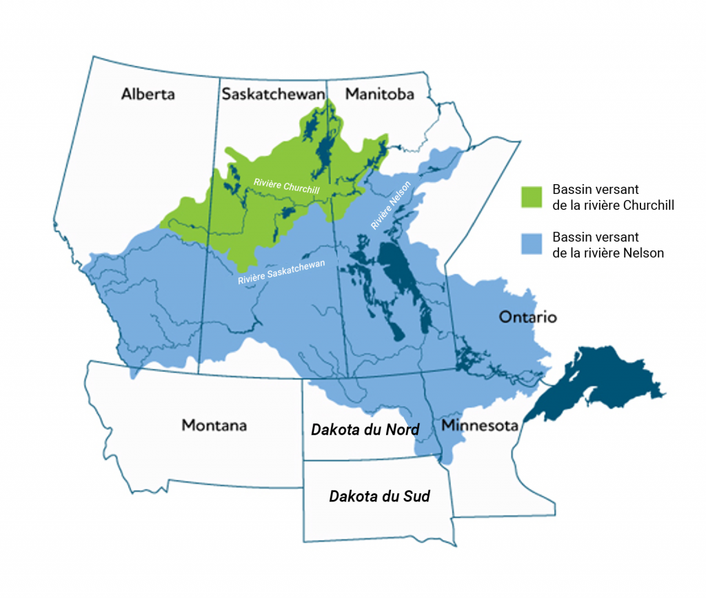 Carte de la région incluant l’Alberta, la Saskatchewan, le Manitoba, l’Ontario, le Montana, le Dakota du Nord, le Dakota du Sud et le Minnesota. Le bassin versant de la rivière Churchill traverse le nord de l’Alberta, de la Saskatchewan et du Manitoba. Le bassin versant du fleuve Nelson, plus vaste, s’étend du nord-est du Manitoba au sud-ouest de l’Alberta, ainsi que du sud-ouest de l’Alberta et du sud-est de l’Ontario au Minnesota et aux États du Dakota.