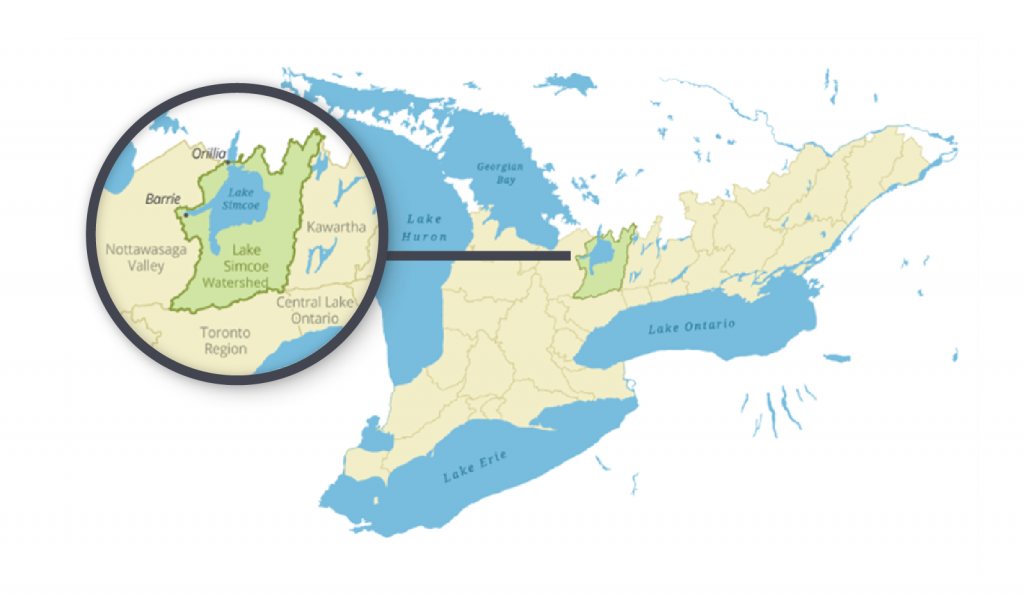 Map of central and southern Ontario with a magnification of the Lake Simcoe Watershed, which borders on the regions of Kawartha, the Nottawasaga Valley, and Toronto Region.