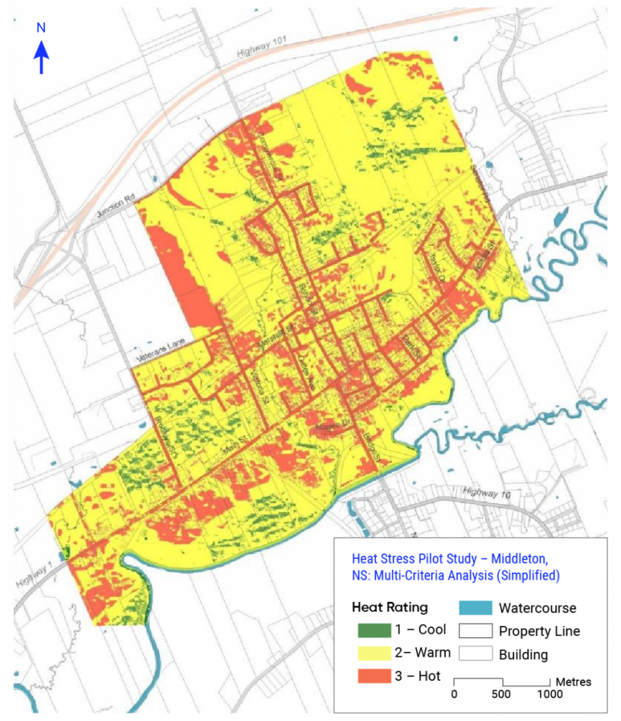 Map of attributes in natural and built environments within Middleton, Nova Scotia and their cooling or heating influence. Attributes considered include water regime, aspect, air circulation and surface materials.