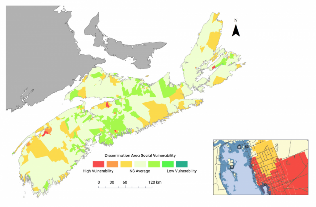 Map of Dissemination Areas in Nova Scotia showing levels of social vulnerability, based on a Social Vulnerability Index (SVI). The inset map from a coastal community illustrates the integration of the SVI mapping with a proxy representation (i.e., the dark blue overlay) of projected worst-case relative sea-level rise and stormsurge flooding to 2100. The inset map also shows a count of residential buildings and the distribution of roads within the proxy flood area.