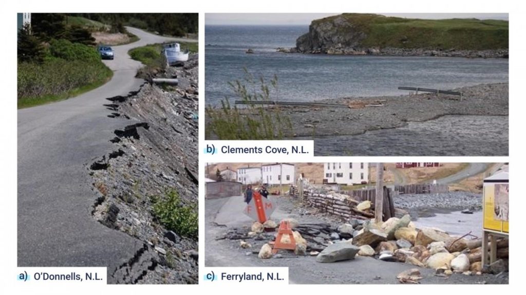 Three photos of damaged coastal roads in Newfoundland. The first photo shows the dead-end road that extends from O’Donnell’s, which is eroding on the right-hand side. The second photo is of the road that formerly followed the rest of the barachois in Clemens Cove. The road is underwater on both sides, but some concrete and damaged guardrails remain. The third photo shows the breakwater that protects the tombolo road in Ferryland, Newfoundland and Labrador. The road is heavily eroded and large piles of rocks sit between the road and the sea.