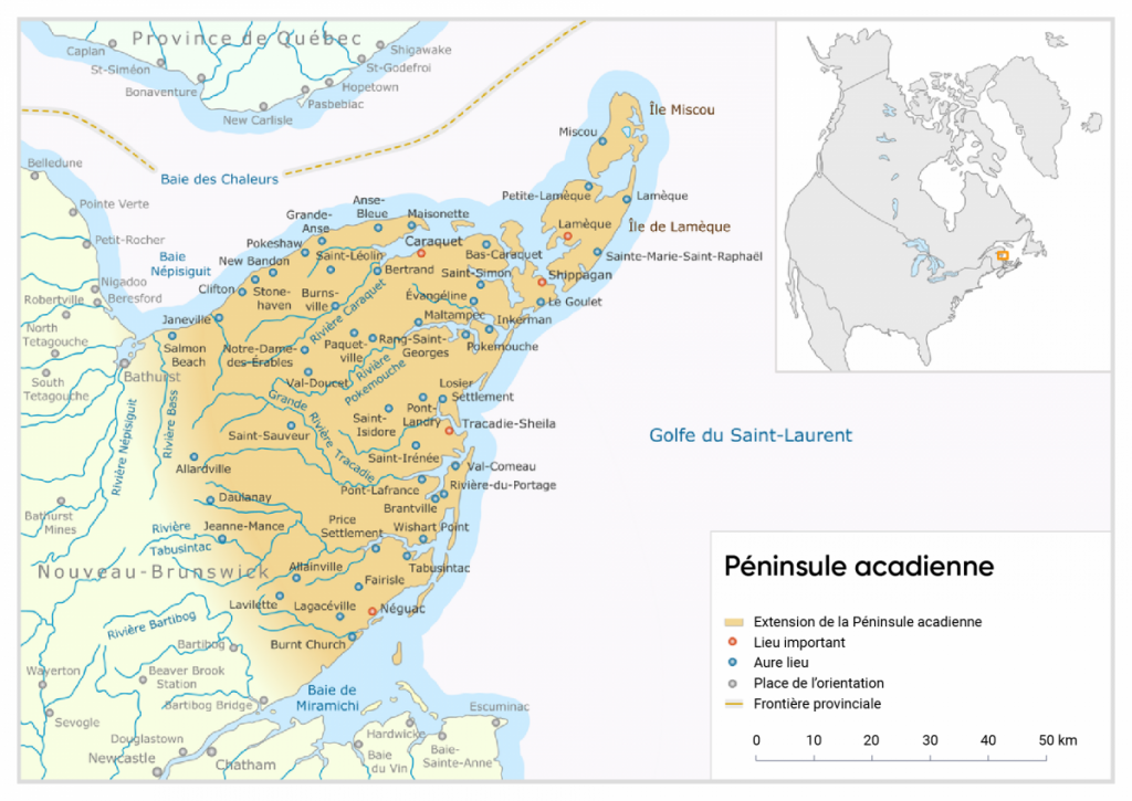 Carte de la péninsule acadienne située au nord-est du Nouveau-Brunswick. La carte comprend des sites importants, d’autres lieux et des sites d’orientation.