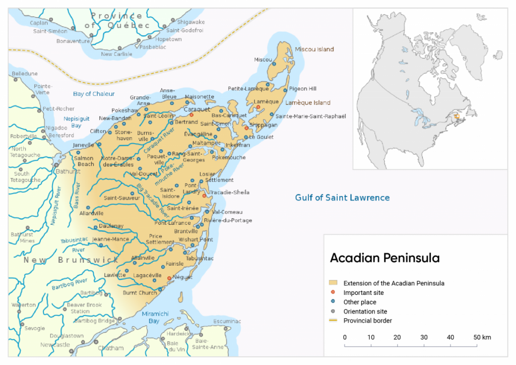 Map of the Acadian Peninsula that extends from northeastern New Brunswick. The map includes important sites, other places, and orientation sites.