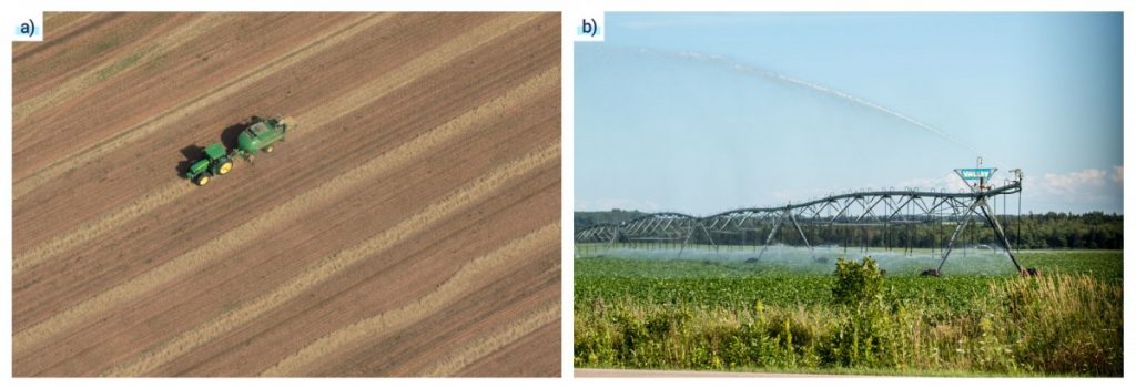 Deux photographies d’activités agricoles. La première est une photographie aérienne d’un tracteur ensemençant un champ. La deuxième photo montre un équipement d’irrigation dans un champ.