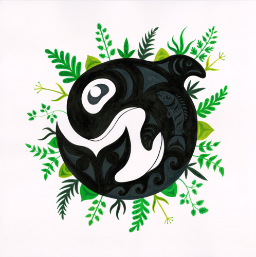 A painting of a black and white Orca with a salmon within. The Orca and salmon are surrounded by green plants that appear to be growing outwards from them.