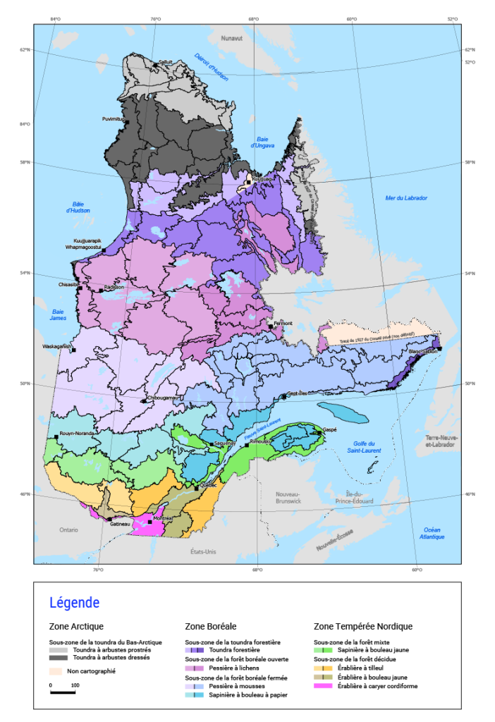 Carte du Québec montrant les différentes zones de végétation, les zones bioclimatiques et les régions écologiques de la province.