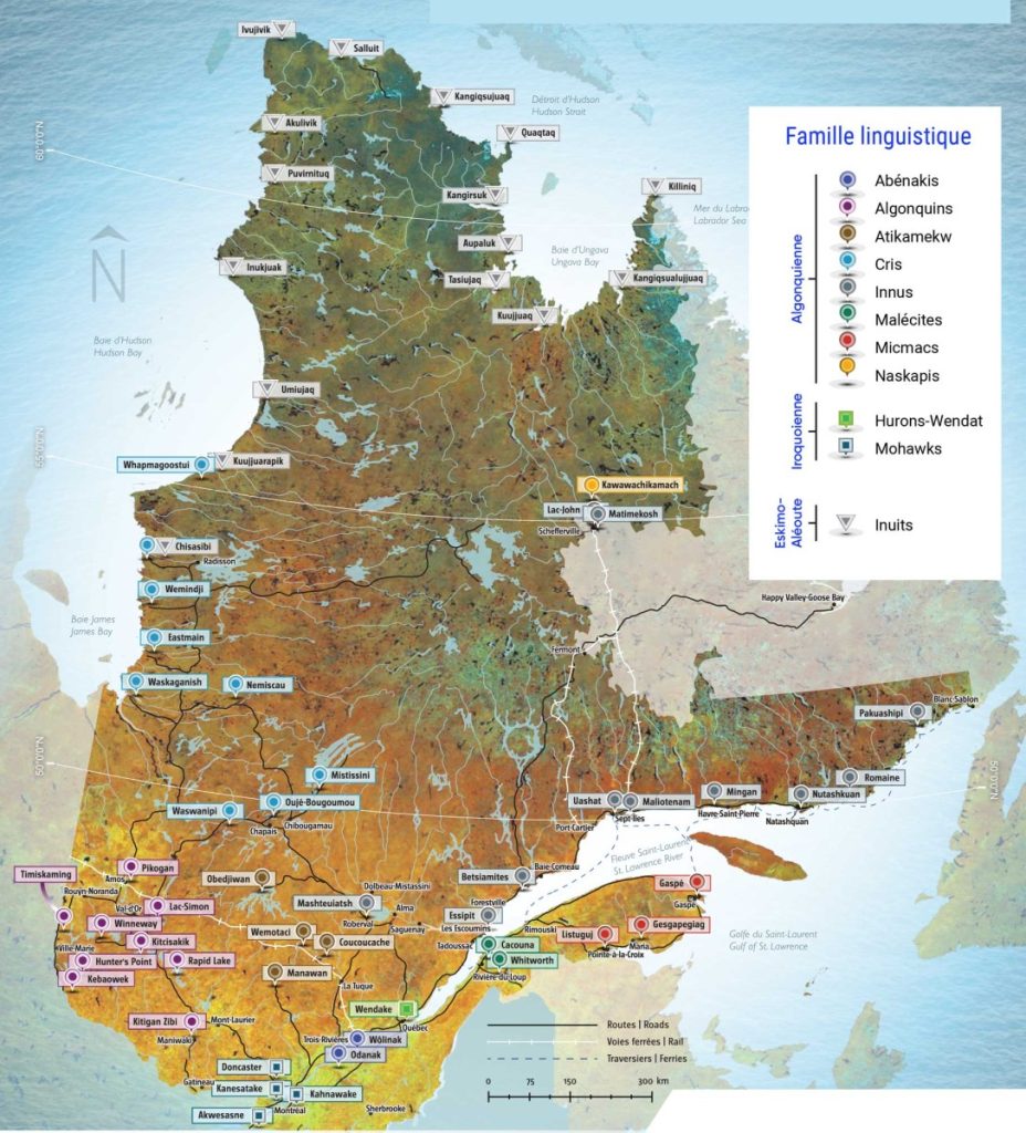 Carte montrant l'emplacement des communautés autochtones au Québec. La carte indique également les langues des 11 nations autochtones : Les Abénakis, les Algonquins, les Atikamekw, les Cris, les Innus, les Malécites, les Micmacs et les Naskapis font partie de la famille linguistique algonquienne ; les Hurons-Wendat et les Mohawks font partie de la famille linguistique iroquoienne, et les Inuits font partie de la famille linguistique esquimo-aléoute.