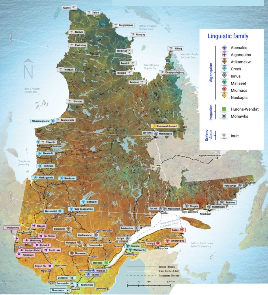 Map displaying the locations of Indigenous communities in Quebec. The map also shows the languages of the 11 Indigenous nations: The Abenakis, Algonquins, Atikamekw, Crees, Innus, Maliseet, Micmacs, and Naskapis nations fall under the Algonquian linguistic family; The Hurons-Wendat and Mohawk nations fall under the Iroquoian linguistic family, and the Inuit fall under the Eskimo-Aleut linguistic family.