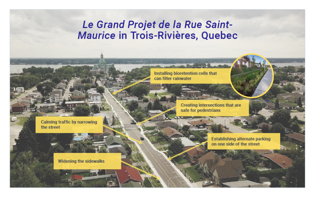 A bird’s eye view of Rue Saint-Maurice in Trois-Rivières, QC. The graphic highlights the adaptation and mitigation measures implemented through the upgrading of both built and natural infrastructure along this 1.3 km stretch of urban roadway.