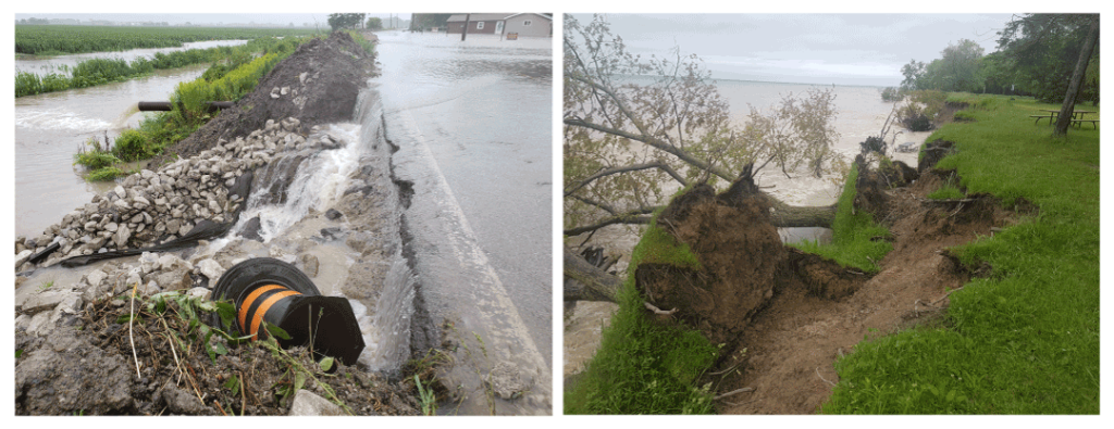 On the left, a photo of eroding bluffs and water rushing over a damaged road into a wetland. On the right, flooding at Erie Shore Drive in which a grassy park shoreline is eroding into the lake with trees uprooted.