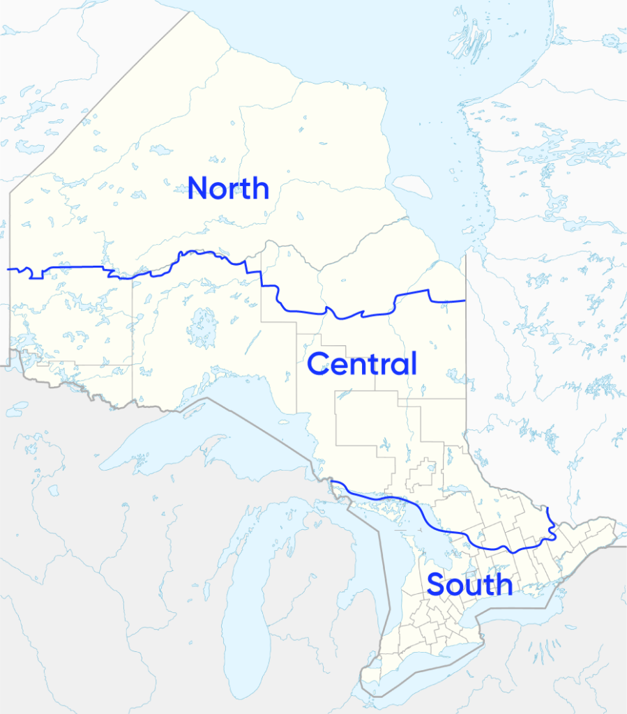 Map of Ontario showing the three subregions: North, Central, and South.