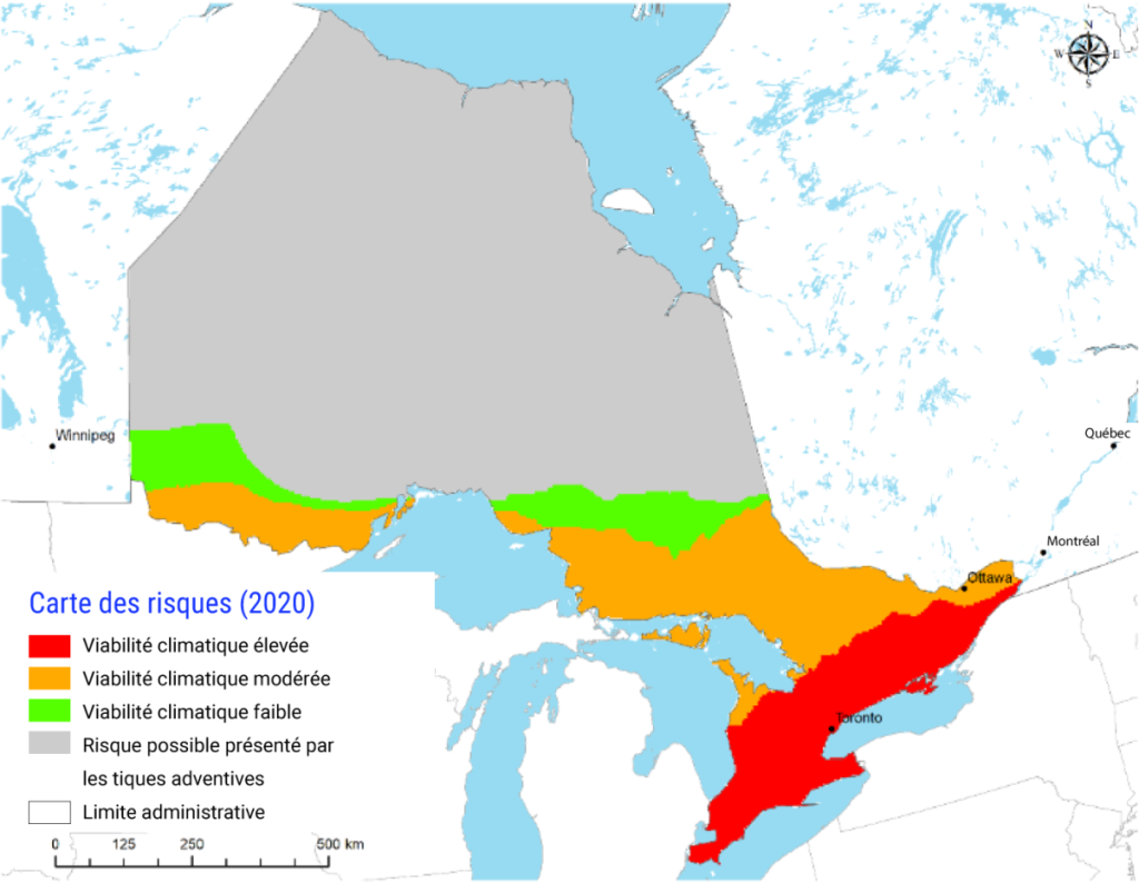 Carte de l'Ontario montrant les zones qui conviennent sur le plan climatique à la tique à pattes noires, vecteur de la maladie de Lyme. De 1971 à 2000, le sud-ouest et l'est de l'Ontario présentaient une convenance modérée, avec des poches de convenance élevée dans la région la plus orientale de la province. D'ici 2080, on prévoit que la majorité de la province aura un climat propice, avec un climat très propice dans l'ensemble du sud et du centre de l'Ontario.