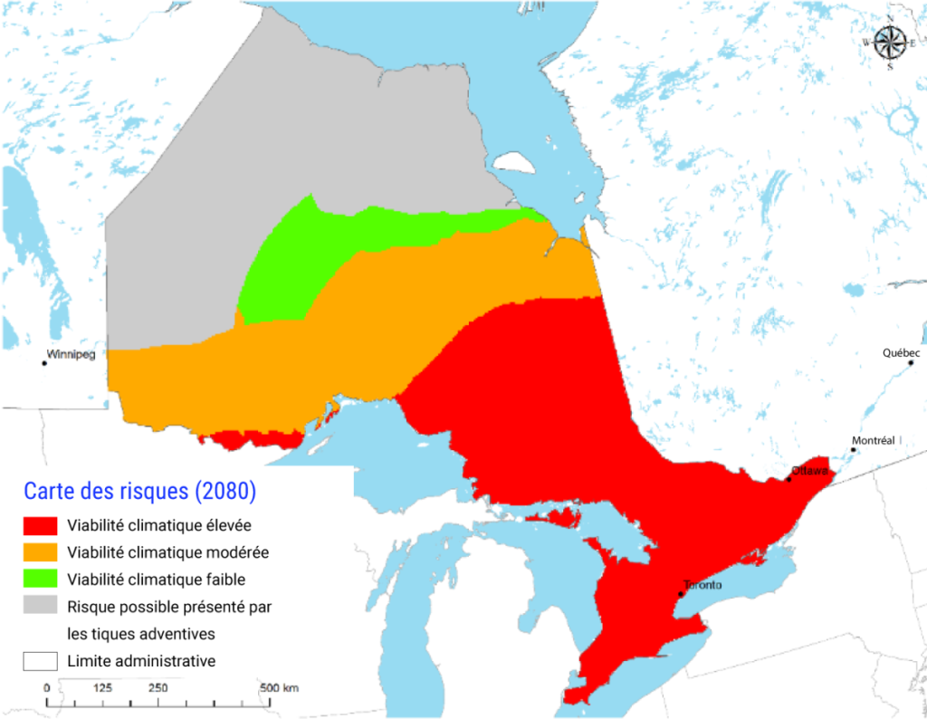 Carte de l'Ontario montrant les zones qui conviennent sur le plan climatique à la tique à pattes noires, vecteur de la maladie de Lyme. De 1971 à 2000, le sud-ouest et l'est de l'Ontario présentaient une convenance modérée, avec des poches de convenance élevée dans la région la plus orientale de la province. D'ici 2080, on prévoit que la majorité de la province aura un climat propice, avec un climat très propice dans l'ensemble du sud et du centre de l'Ontario.