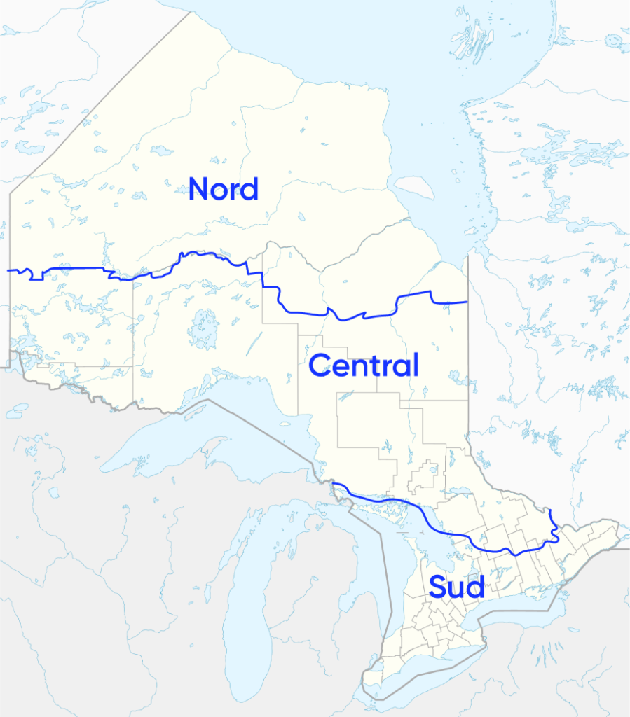 Carte de l'Ontario montrant le réseau de transport de la province. Les aéroports internationaux, régionaux et locaux, les principaux ports, les chemins de fer, les autoroutes principales et secondaires, les routes toutes saisons et les routes d'hiver sont inclus. La carte montre également les passages frontaliers avec les États-Unis et les emplacements des communautés des Premières nations.