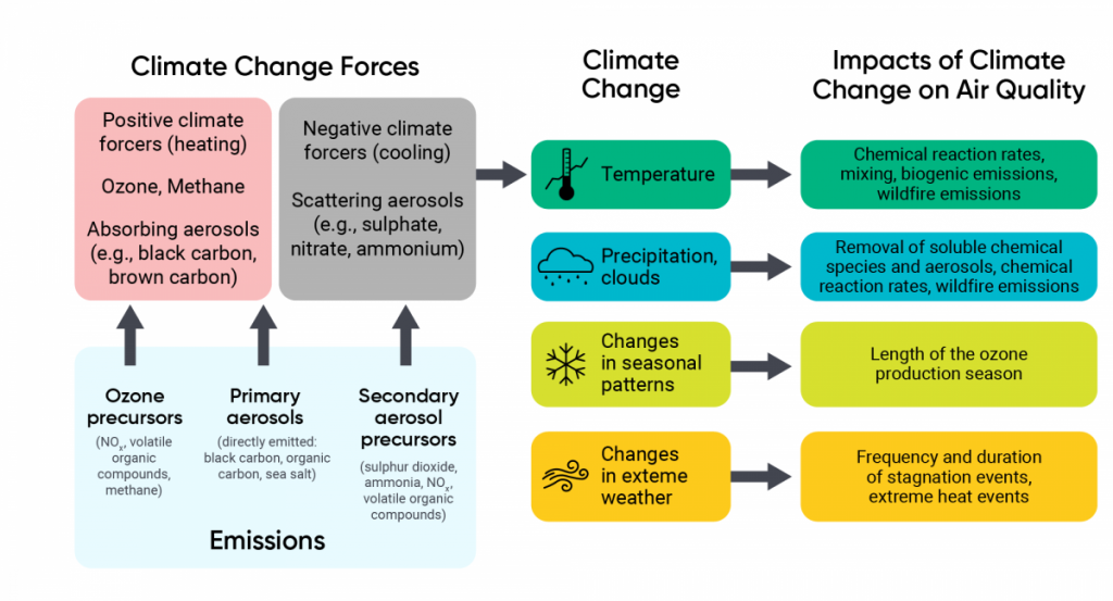 A schematic illustrating the linkages between air quality and climate change. Ozone precursors and primary aerosol emissions have a positive (heating) force on the climate, while secondary aerosol precursors have a negative (cooling) force on the climate. These forces influence climate change, which can lead to impacts on air quality.