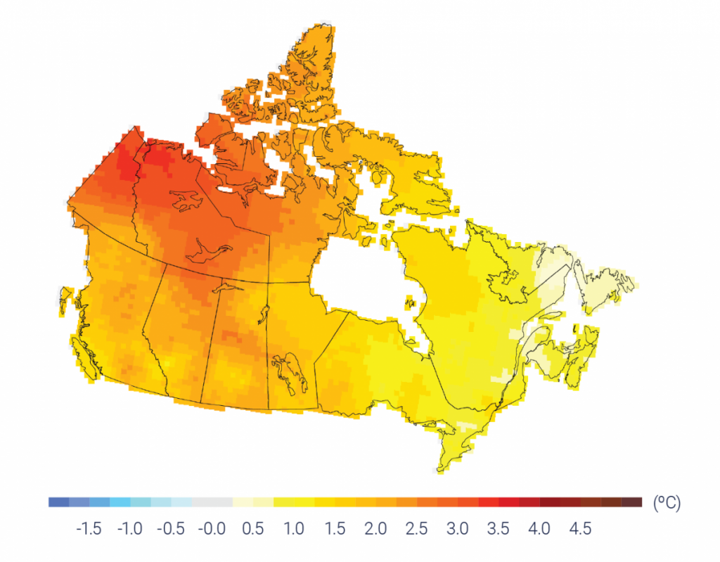 A map of Canada with coloured shading indicating the temperature trend from 1948 to 2016. The colour scale goes from yellow, for trends of about 1˚C; to orange, for trends of about 2˚C; to red, for trends of 3˚C or larger. The Maritimes, Quebec, and Ontario are generally yellow; the Prairie provinces and British Columbia are light orange; and northern Canada, particularly the Northwest Territories, are dark orange.