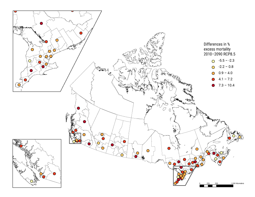 Map of Canada showing net mortality trends in select locations in southern Canada under a high emissions scenario of RCP 8.5. Timescale is from 2010 to 2090. The differences in % of excess mortality range from -5.5 to 10.4. This is represented by a colour scale of yellow to dark red circles. Yellow circles represent differences in percentage of excess mortality from -5.5 to -2.3. Light orange circles represent differences in percentage of excess mortality from -2.2 to 0.8. Dark orange circles represent differences in percentage of excess mortality from 0.9 to 4.0. Light red circles represent differences in percentage of excess mortality from 4.1 to 7.2. Dark red circles represent differences in percentage of excess mortality from 7.3 to 10.4. The map shows both urban and rural areas are projected to experience a net negative impact on health. The majority of the circles on the map are orange and red.