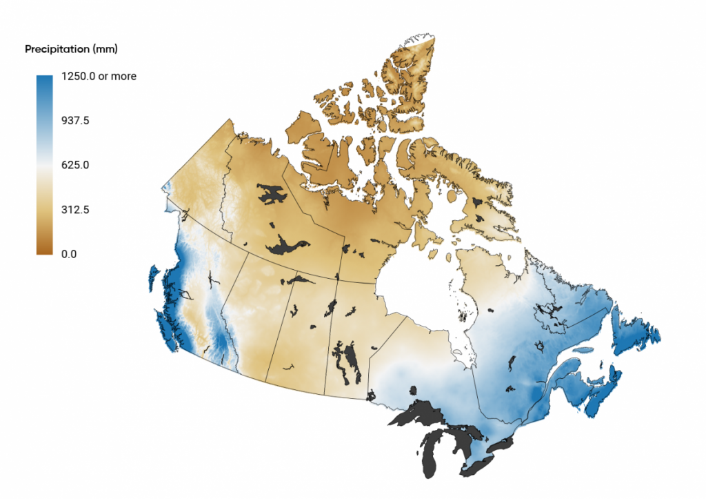 Map of Canada with coloured shading indicating changes in total annual precipitation for 2021-2050 under a high emissions scenario of RCP 8.5. The colour scale ranges from dark brown, for 0.0 mm of precipitation; to light brown, for trends of about 312.5mm; to white, for trends of 625.0mm; to light blue, for trends of about 937.5mm; to dark blue, for trends of about 1250.0mm or more. The west coast and southeastern part of British Columbia is shaded in dark blue. The Prairie Provinces are shaded in light brown; Northern Canada is shaded in light brown, with dark brown shading much of the Arctic. Ontario and Quebec are shaded in light blue. The Maritimes are shaded with dark blue.