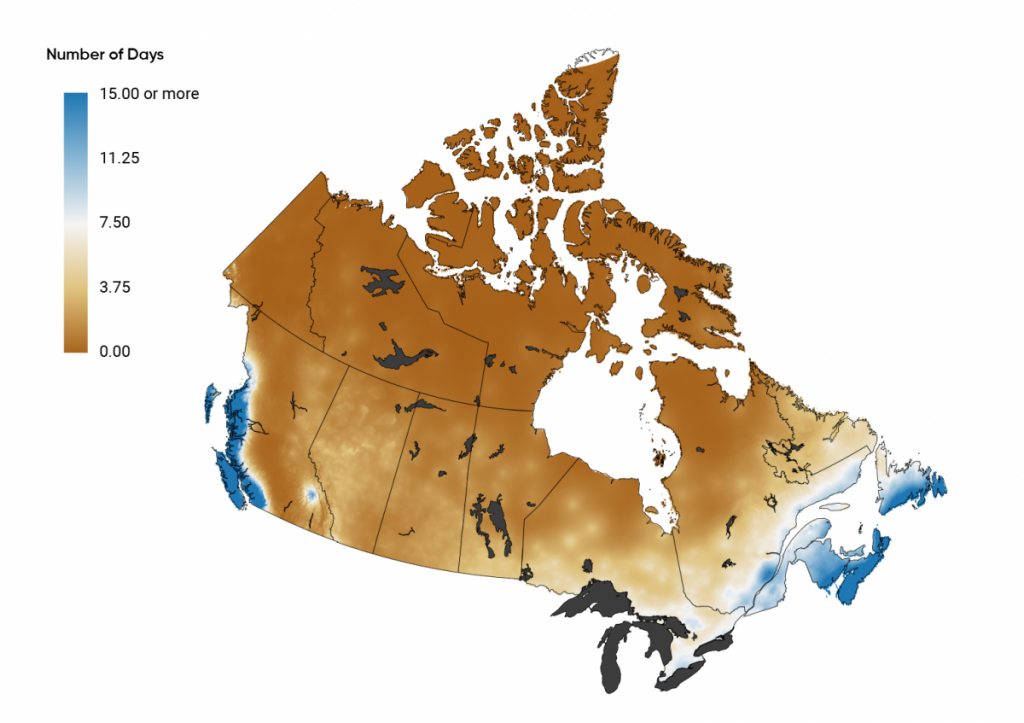Map of Canada with coloured shading indicating annual number of heavy precipitation days projected for 2021-2050 under a high emission scenario of RCP 8.5. The colour scale ranges from dark brown, for 0.0 days of heavy precipitation; to light brown, for about 3.75 days; to white, for about 7.50 days; to light blue, for about 11.25 days; to dark blue, for about 15 or more days. The west coast of British Columbia and Maritime Provinces are shaded in blue, indicating more than 10 days per year of extreme precipitation. Dark brown shading is present in the Northwest Territories, Yukon, Nunavut, interior British Columbia and Northern Quebec. The Prairie Provinces are shaded in light brown.