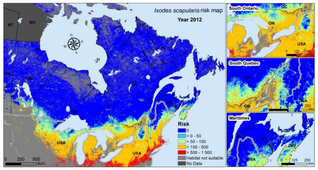Risk maps for Lyme disease in Eastern Canada based on the risk of Ixodes scapularis populations, using Earth observation data on climatic and habitat suitability. These risk maps have coloured shading that illustrate the environmental suitability for the tick vector of Lyme disease Ixodes scapularis in Eastern and Central Canada using Earth observation data proxies for temperature (annual cumulative degree-days above 0°C) and woodland habitat. The risk map shows moderate-to-moderate-high risk for southern Ontario, Quebec, and the Maritime provinces.
