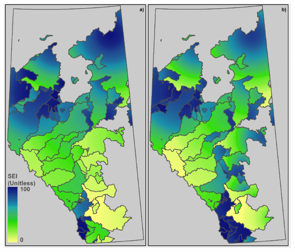 Two panels, each with a map of Alberta. In panel A, the Source Exposure Index (SEI) is depicted with coloured shading. The colour scale ranges from light yellow, for 0 exposure; to green, for medium exposure; to dark blue, for high exposure. In panel B, wildfire exposure index for forested watersheds is depicted with the same colour scale. The regions with the highest SEI and wildfire exposure index are northwestern and southern Alberta.