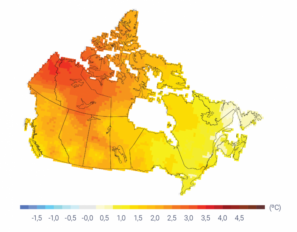 Carte du Canada avec des ombres de couleur indiquant la tendance des températures de 1948 à 2016. L’échelle de couleurs va du jaune, pour les tendances d’environ 1 °C; à l’orange, pour les tendances d’environ 2 °C; et au rouge, pour les tendances de 3 °C ou plus. Les Maritimes, le Québec et l’Ontario sont généralement jaunes; les provinces des Prairies et la Colombie-Britannique sont orange clair; et le nord du Canada, notamment les Territoires du Nord-Ouest, est orange foncé.