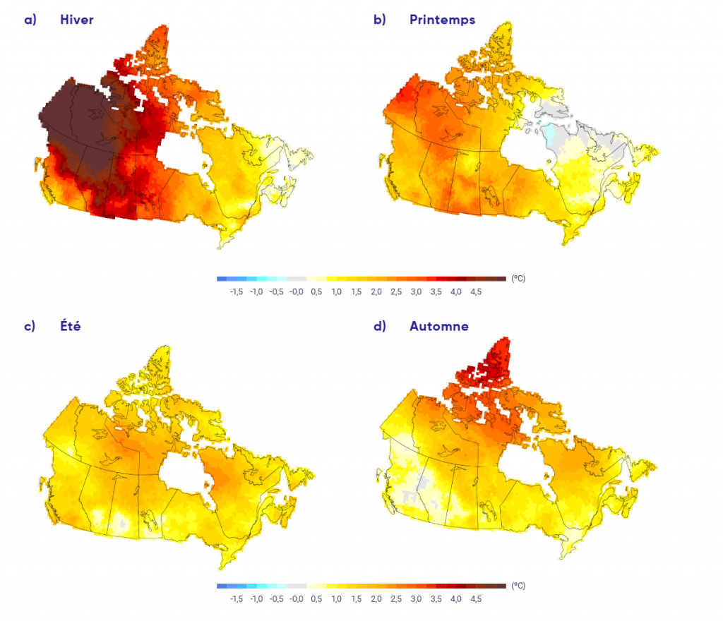 Cette figure à quatre tableaux présente des cartes du Canada avec des ombres de couleur indiquant la tendance des températures entre 1948 et 2016. Les quatre tableaux sont intitulés « hiver », « printemps », « été » et « automne ». L’échelle de couleurs va du jaune, pour les tendances d’environ 1 ˚C; à l’orange, pour les tendances d’environ 2 ˚C; et au rouge, pour les tendances de 3 ˚C ou plus. Le tableau de l’hiver présente les Maritimes, le Québec et l’Ontario en jaune et orange clair, et tout l’ouest et le nord du Canada en orange foncé et rouge. Les couleurs rouges les plus profondes, indiquant un réchauffement de 4 °C ou plus, se trouvent dans les Territoires du Nord-Ouest et au Yukon. La carte de l’été est beaucoup plus uniforme, présentant des nuances de jaune clair à orange clair partout. Les cartes du printemps et de l’automne présentent un ombrage intermédiaire.