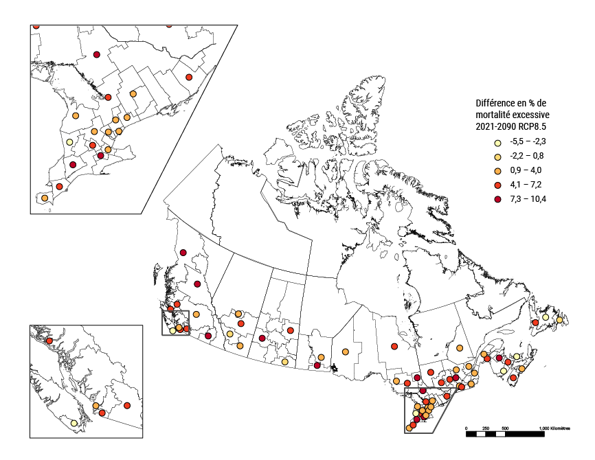 Carte du Canada montrant les tendances de la mortalité nette dans certains endroits du sud du Canada selon un scénario de fortes émissions de RCP 8.5. La période va de 2010 à 2090. Les différences en % de surmortalité vont de -5,5 à 10,4. Cette donnée est représentée par une échelle de couleurs allant du jaune au rouge foncé. Les cercles jaunes représentent les différences en pourcentage de surmortalité de -5,5 à -2,3. Les cercles orange clair représentent les différences en pourcentage de surmortalité de -2,2 à 0,8. Les cercles orange foncés représentent les différences en pourcentage de surmortalité de 0,9 à 4,0. Les cercles rouges clair représentent les différences de pourcentage de surmortalité de 4,1 à 7,2. Les cercles rouges foncés représentent les différences de pourcentage de surmortalité de 7,3 à 10,4. La carte montre que les zones urbaines et rurales devraient connaître une incidence négative nette sur la santé. La majorité des cercles sur la carte sont orange et rouge.