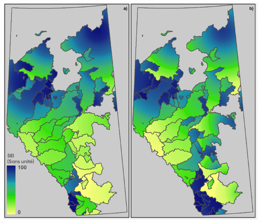 Deux tableaux, chacun avec une carte de l’Alberta. Dans le tableau A, l’Indice d’exposition des sources d’eau (IESE) est représenté par des ombres de couleur. L’échelle de couleurs va du jaune clair, pour une exposition nulle, au vert, pour une exposition moyenne, et au bleu foncé, pour une exposition élevée. Dans le tableau B, l’indice d’exposition des bassins versants forestiers aux feux de forêt est représenté avec la même échelle de couleurs. Les régions présentant l’IESE et l’indice d’exposition aux feux de forêt les plus élevés sont le nord-ouest et le sud de l’Alberta.