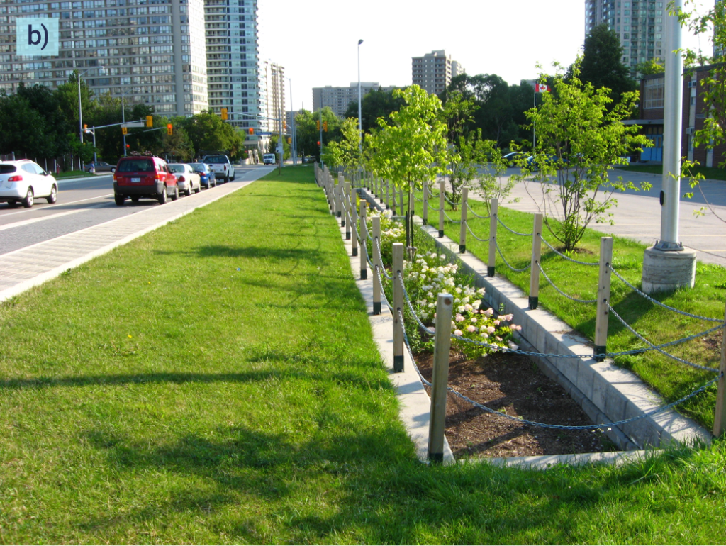 The second photograph is of a Bioswale along Elm Drive in Mississauga, Ontario. The long and narrow bioswale is bordered by grass on either side, and the bioswale channel itself is retained by concrete slabs, filled halfway with mulch and flowering shrubs.