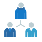 Three blue Indigenous silhouettes are joined by connecting lines, with one silhouette supported by the bottom two, to suggest agency being given and shared by the others. 