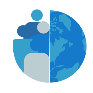 Une forme circulaire bleue est remplie à moitié par la surface de la terre, et l'autre moitié est remplie par une diversité de silhouettes bleues pour souligner la diversité au sein d'un même monde.