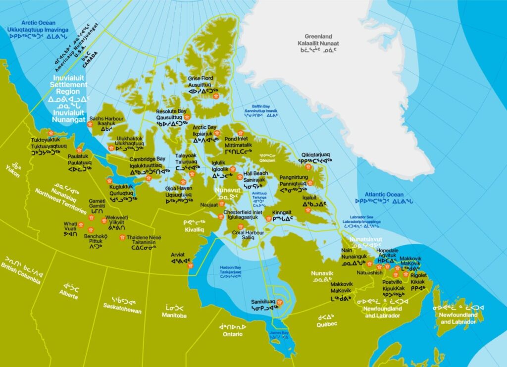 Stylized map of northern Canada encompassing Newfoundland and Labrador on the far east, Greenland on the far north and the Arctic Ocean on the U.S.A.- Canada border on the far west. The names of provinces, territories, bays, and oceans are included in English, Inuktitut, and Inuktitut syllabics. An orange inukshuk logo identifies several SmartICE projects and their status in the following communities: Grise Fiord Aujuittuq, Resolute Qausuittuq, Arctic Bay Ikpiarjuk, Pond Inlet Mittimatalik, Sachs Harbour Ikaahuk, Ulukhaktok Ulukhaqtuuq, Cambridge Bay Iqaluktuuttiaq, Gjoa Haven Uqsuqtuuq, Taloyoak Talurjuaq, Igloolik Iglulik, Hall Beach Sanirajak, Qikiqtarjuaq, Pangnirtung Panniqtuuq, Tuktoyaktuk Tuktuuyaqtuuq, Paulatuk Paulatuuq, Kugluktuk Qurluqtuq, Naujaat, Chesterfield Inlet Igluligaarjuk, Coral Harbour Salliq, Kinngait, Iqaluit, Burwash Landing / Destruction Bay Tapasuktuq / Tasiujaq, Gamètì Gamiiti, Whatì Vuati, Behchokǫ̀ Pittuk, Wekweètì Viikviit, Thaidene Nëné Taitaniniin, Arviat, Sanikiluaq, Nain Nunainguk, Natuashish, Hopedale Agvituk, Makkovik MaKovik, Postville KipukKak and Rigolet Kikiak.