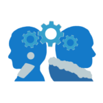 Two blue Indigenous silhouettes are featured facing back-to-back with profile views of their heads connected by three knowledge wheels to demonstrate ideas and knowledge sharing. 