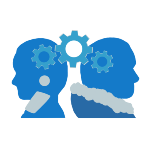Deux silhouettes autochtones bleues sont présentées dos à dos avec des vues de profil de leurs têtes reliées par trois roues de la connaissance pour illustrer les idées et le partage des connaissances.