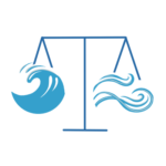 Blue waves, representing the ocean on one side, and water currents on the other, are depicted on a scale to emphasize natural laws in balance with one and another. 