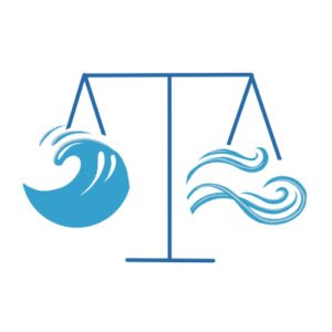 Les vagues bleues, représentant l'océan d'un côté, et les courants d'eau de l'autre, sont représentés sur une échelle pour souligner les lois naturelles en équilibre les unes avec les autres.