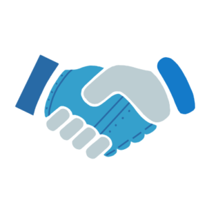 Une main bleue et une main blanche se serrent la main pour représenter les relations.